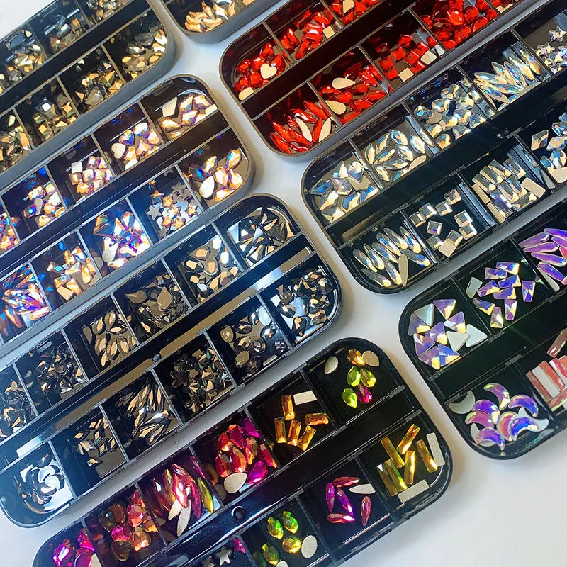 12 Grid Nail Art Rhinestone Kit Flat Back Irregular Colored Glass Diamond Nail Decor Set Box Pack for Salon DIY Home Manicure