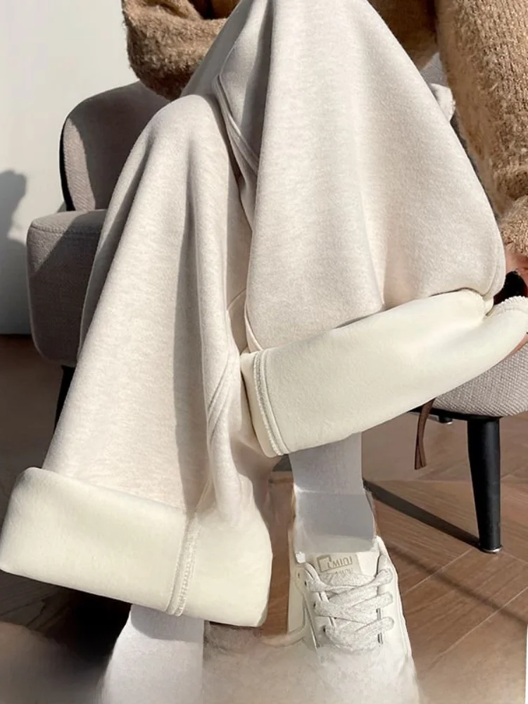 

Women's Fce Lined Thiened Khaki Wide Leg Pants High Waist Straight Cut Commute Sle Korean Faion ket Detail