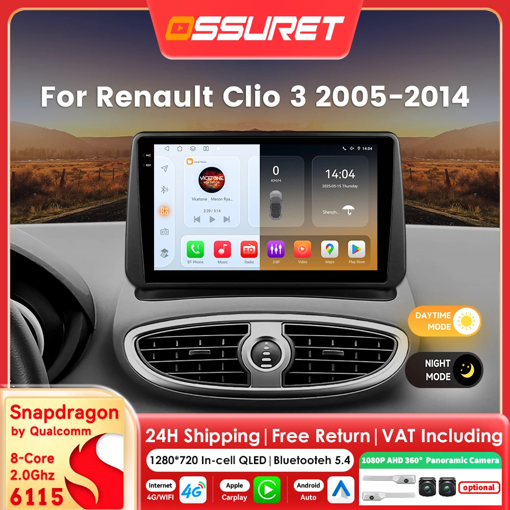 9 "2din Carplay Android 14 Autoradio per Renault Clio 3 2005 - 2014 lettore multimediale di Snapdragon Autoradio GPS 360 Cam Screen