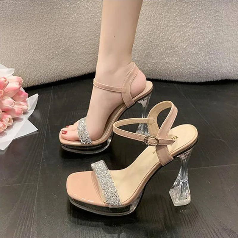 Black Platform Sandals Buckle Strap High Heels Pvc Shoes Square Toe 2024 Summer Espadrilles High-heeled Plastic Rhinestone Block image 2