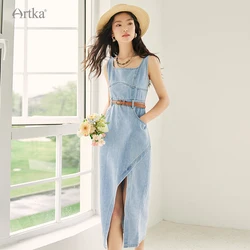 ARTKA 2023 Summer New Women Dress Fashion Casual High Waist Sleeveless Dresses Front Split Tank Denim Dress With Belt LN92033X