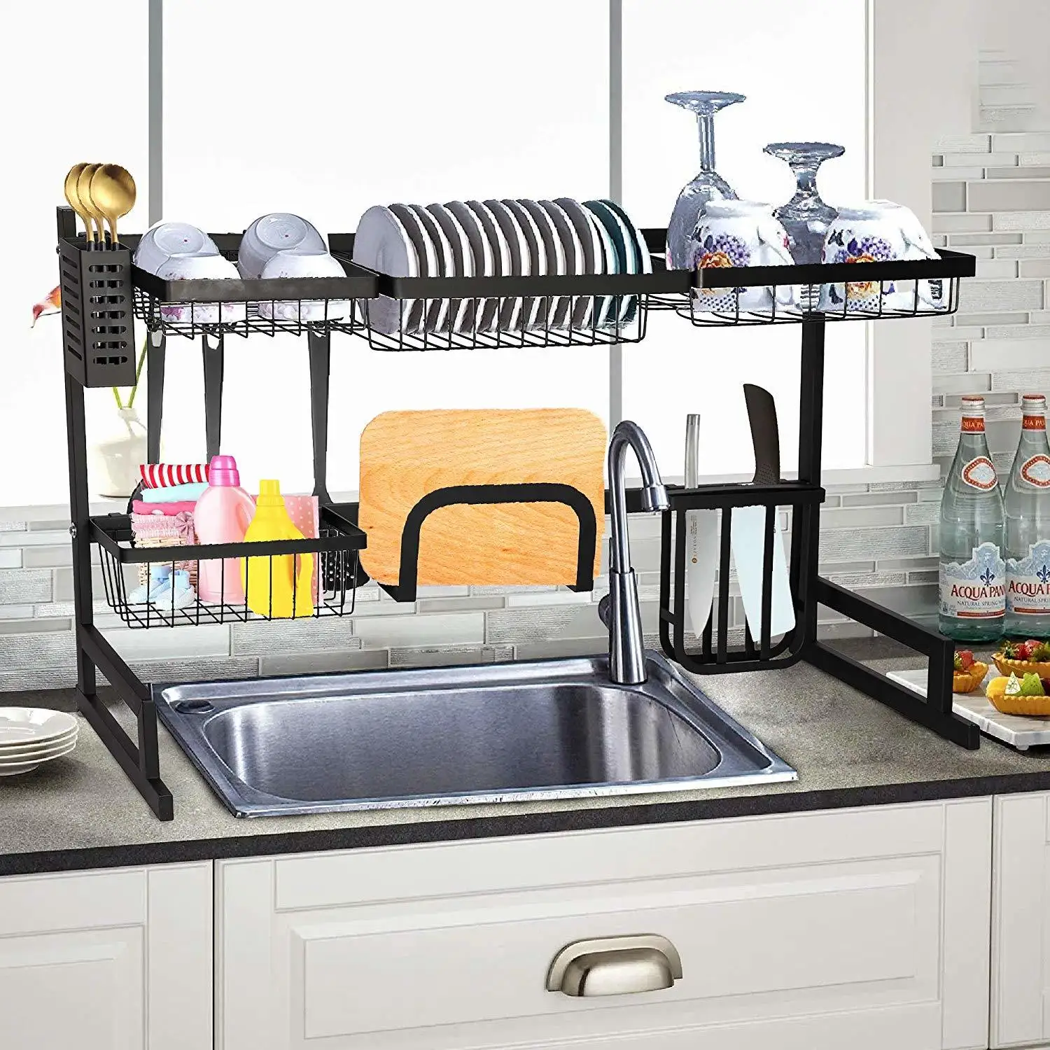 

Drainer Organizer Stainless Steel Kitchen Supplies 35" x 12.2" x 20.4" Over The Sink Storage Shelf Dish Drying Rack Black