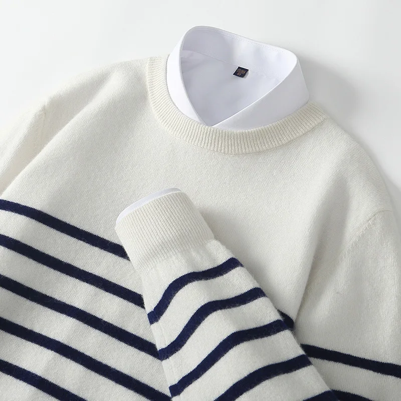 100% de lana merina con cuello redondo, suéter a rayas con bloques de Color, jersey suave de manga larga, ropa de Cachemira, Top cálido y cómodo