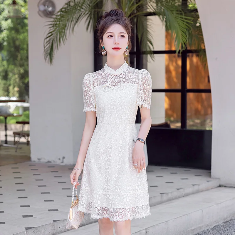 2024 Summer Women's New Chinese Style Retro Lace Improved Cheongsam Slim Fit Slimming and Fashionable Dress