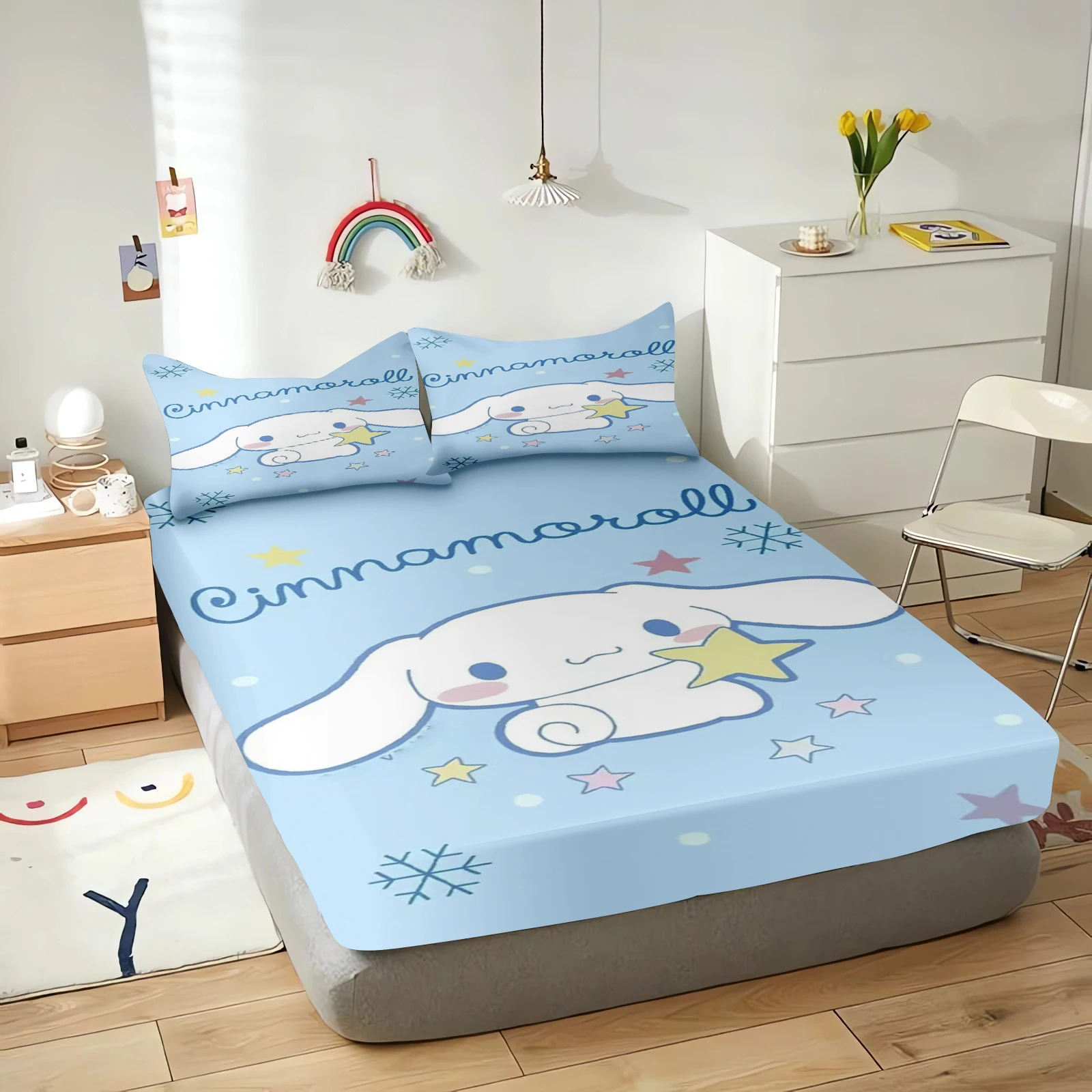 Cinnamoroll ผ้าปูที่นอนลายการ์ตูนสำหรับเด็ก Sanrio Soft อบเชยพิมพ์ลายน่ารักยืดหยุ่นสำหรับสุนัขสั่งทำ