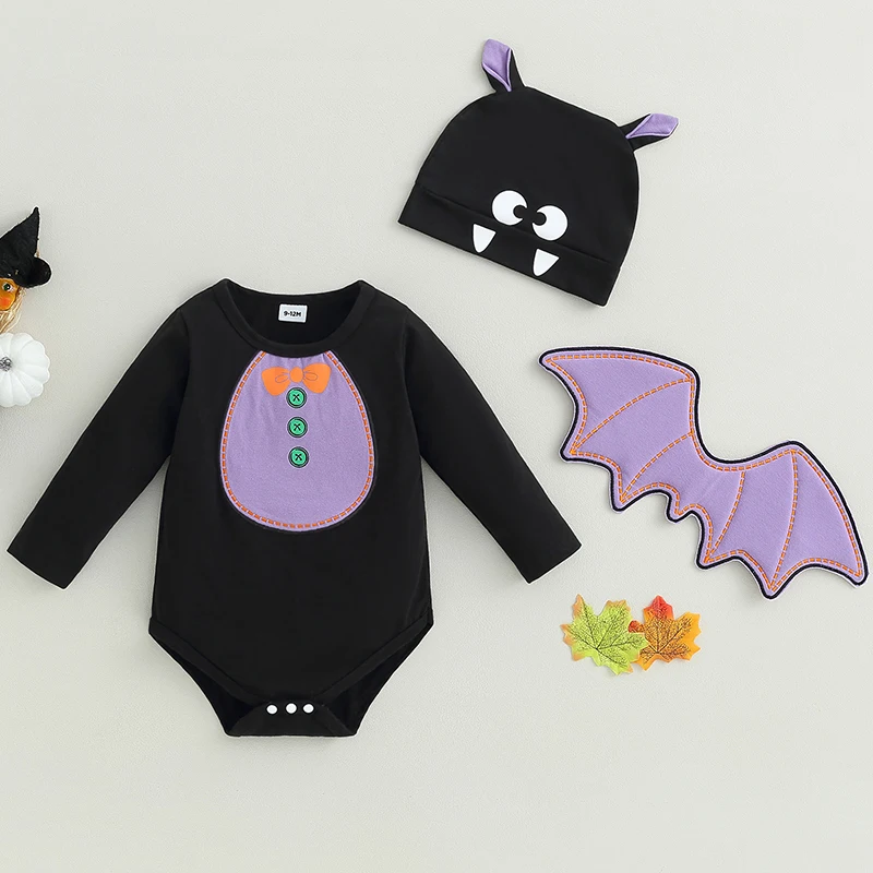 

BeQeuewll Baby Girls 3PCS Halloween Outfit For Fall Black Short Sleeve Pattern Print Romper with Cartoon Hat and Bat Wing