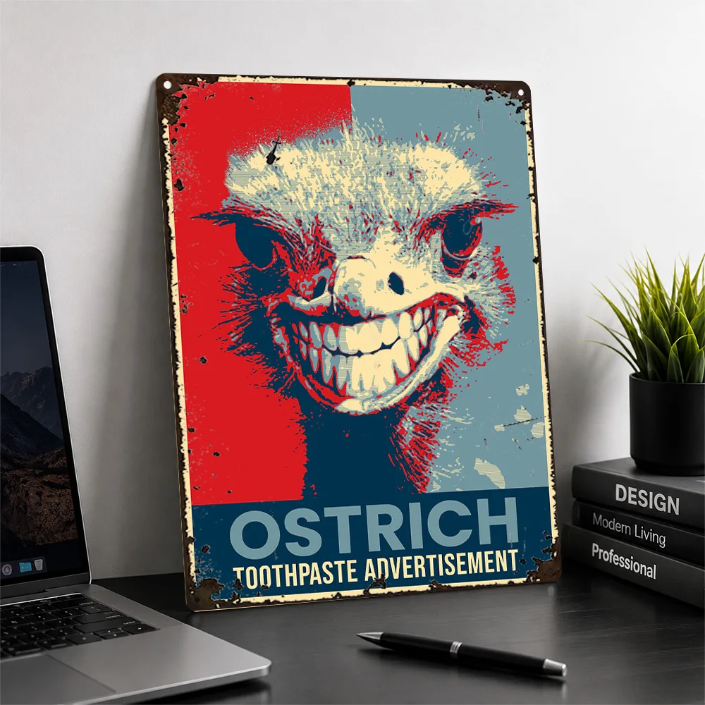 Smiling Ostrich Toothpaste Joke Aluminum Poster Vintage Pop Wall Art For Living Room Customized Metal Sign Animal Lover Gift