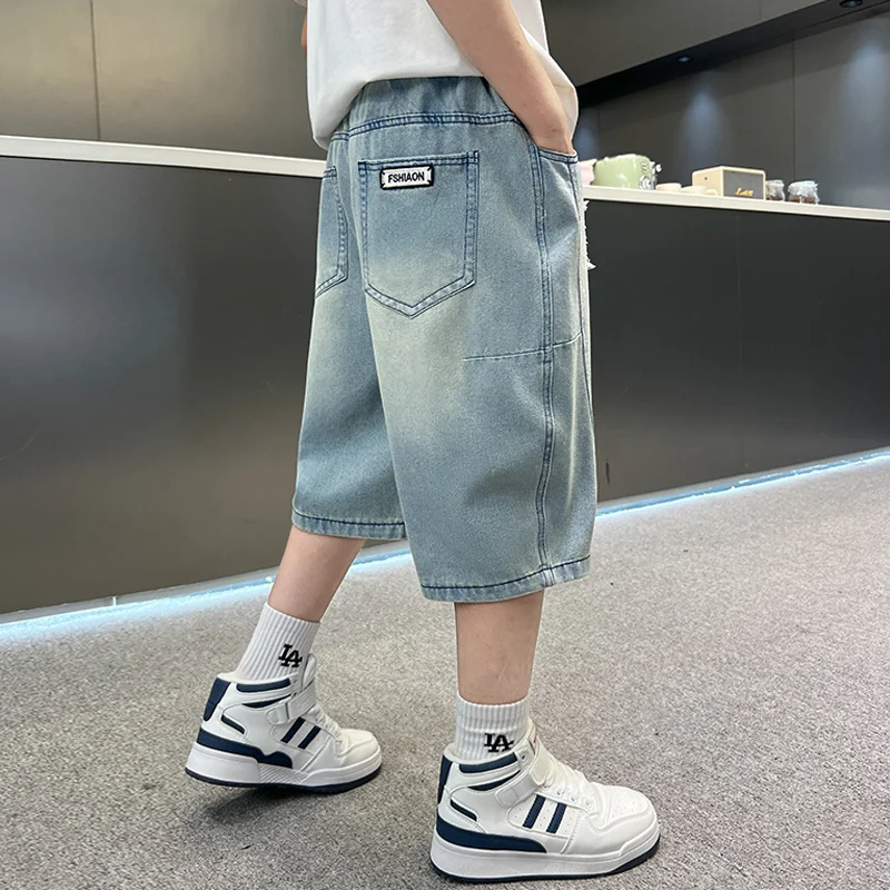 Fashion Korean Child Cropped Jeans Shorts for Teenage Boy Casual Ripped Denim Shorts Kids Trendy Patchwork Mid Calf Capris 5-14Y