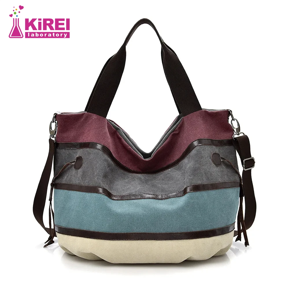 Colorful Stripes Stitching Tote Bag Retro Canvas Single Shoulder Bag Large Capacity Crossbody Bag For Women