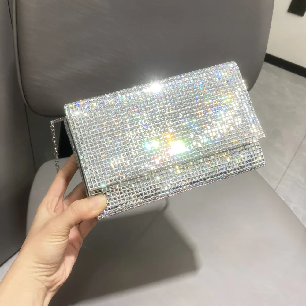 

New Female Bling Chain Crossbody Bag Ladies Rhinestone Small Envelop Shoulder Purse Full Diamond Messenger Evening Bag