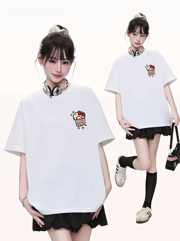 

Футболка с принтом Hello Kitty, милая и забавная футболка с короткими рукавами и принтом попкорна, женская футболка в милом и нежном стиле, нарядная одежда для родителей и детей