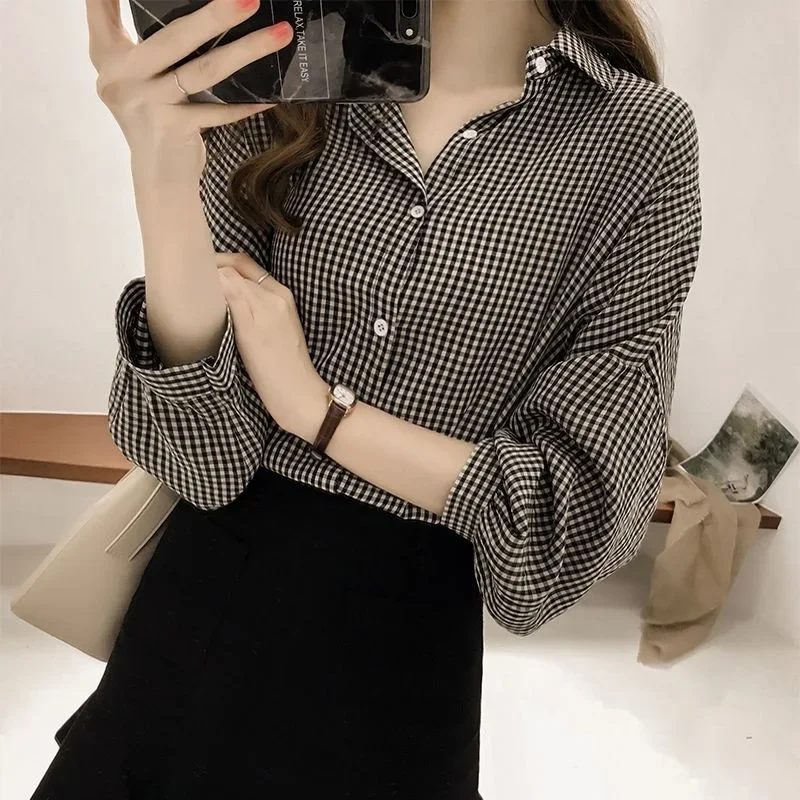 

Loose Lantern Sleeve Plaid Shirt Women's Style Hong Flavor Early Autumn New Arrival Long Sleeve Top Trendy Button Up