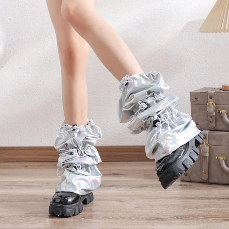 Frauen Harajuku Punk Holographische Bein Wärmer Kordelzug Knie Länge Bein Abdeckung Socke – Detail 10