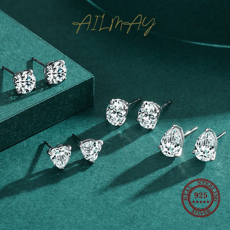 Ailmay Hot Sale Classic 925 Sterling Silver Round Clear Zircon Stud Earrings For Women Wedding Engagement Fine Female Jewelry 4