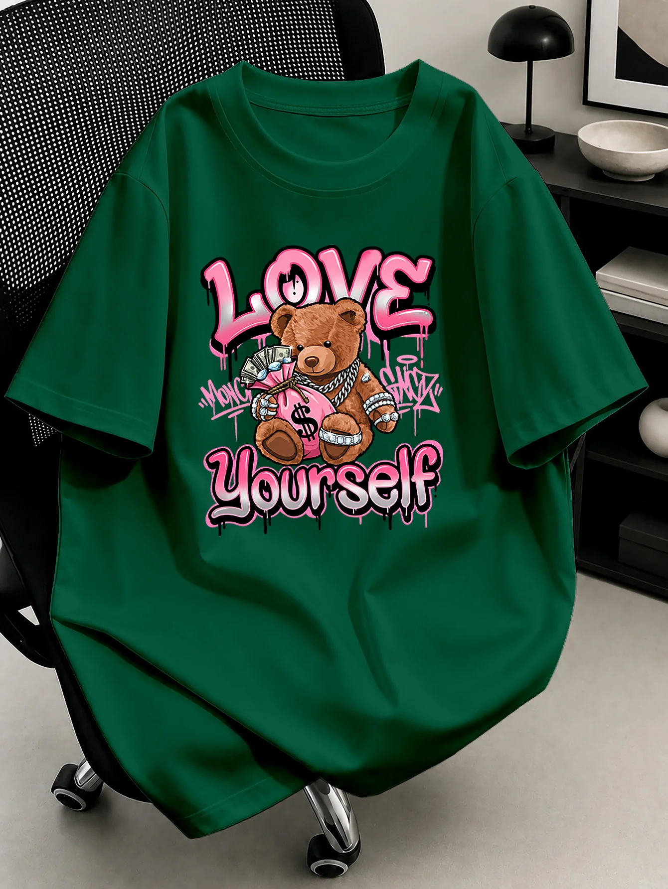 American women's summer teddy bear wealth self love letter print micro elastic breathable round neck T-shirt outdoor street top