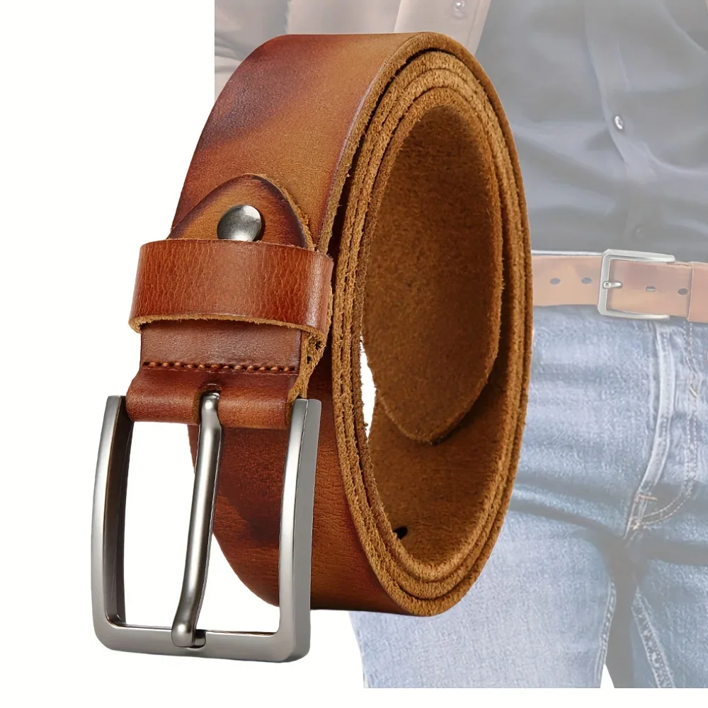 Men's Pin Buckle Durable Genuine Leather Belt with Adjustable Buckle Holes Perfect for Business Retro Wear Casual Formal Outfits