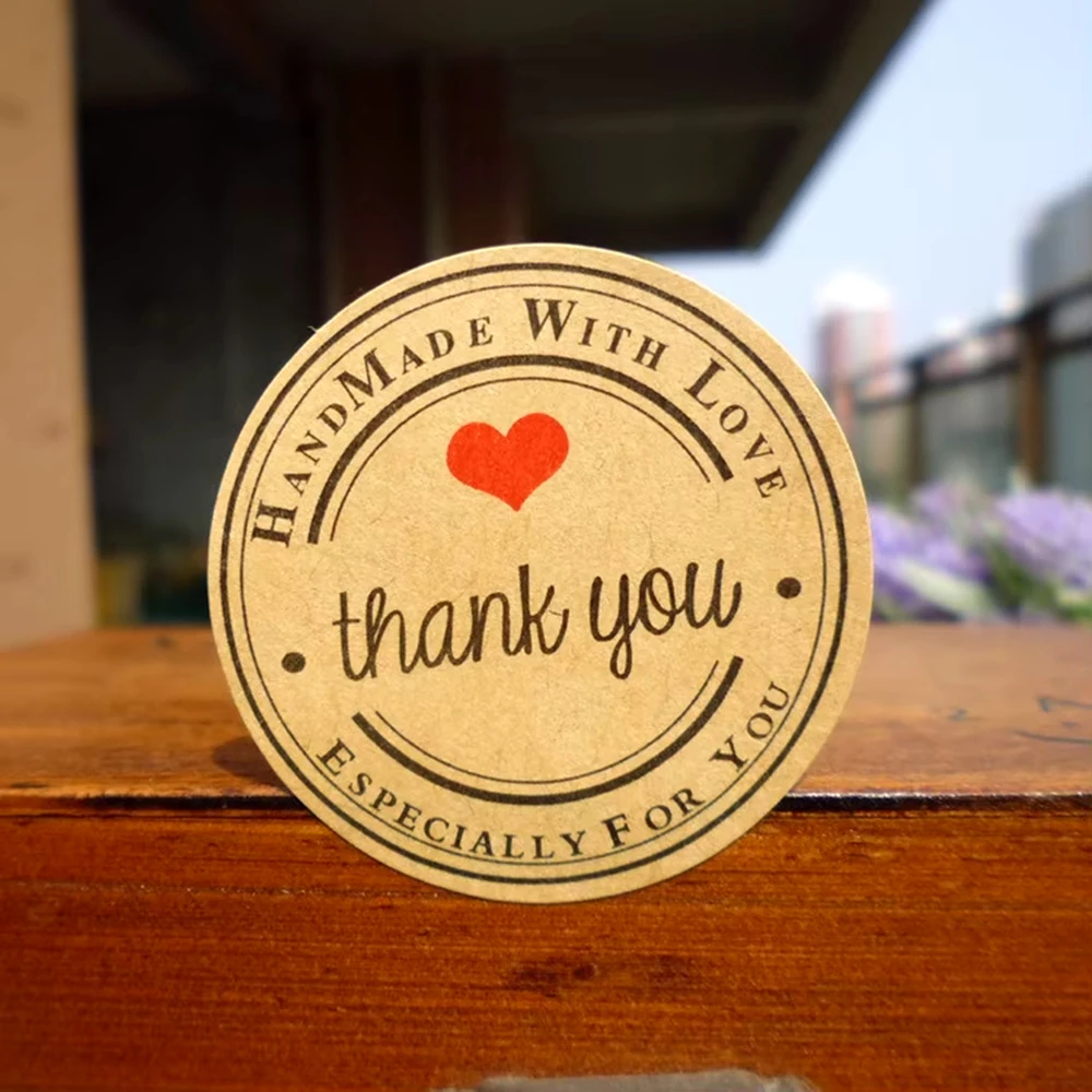 Pack of 120 Cute Brown Thank You  Handmade with love Round Stickers Packaging 1.5 inch