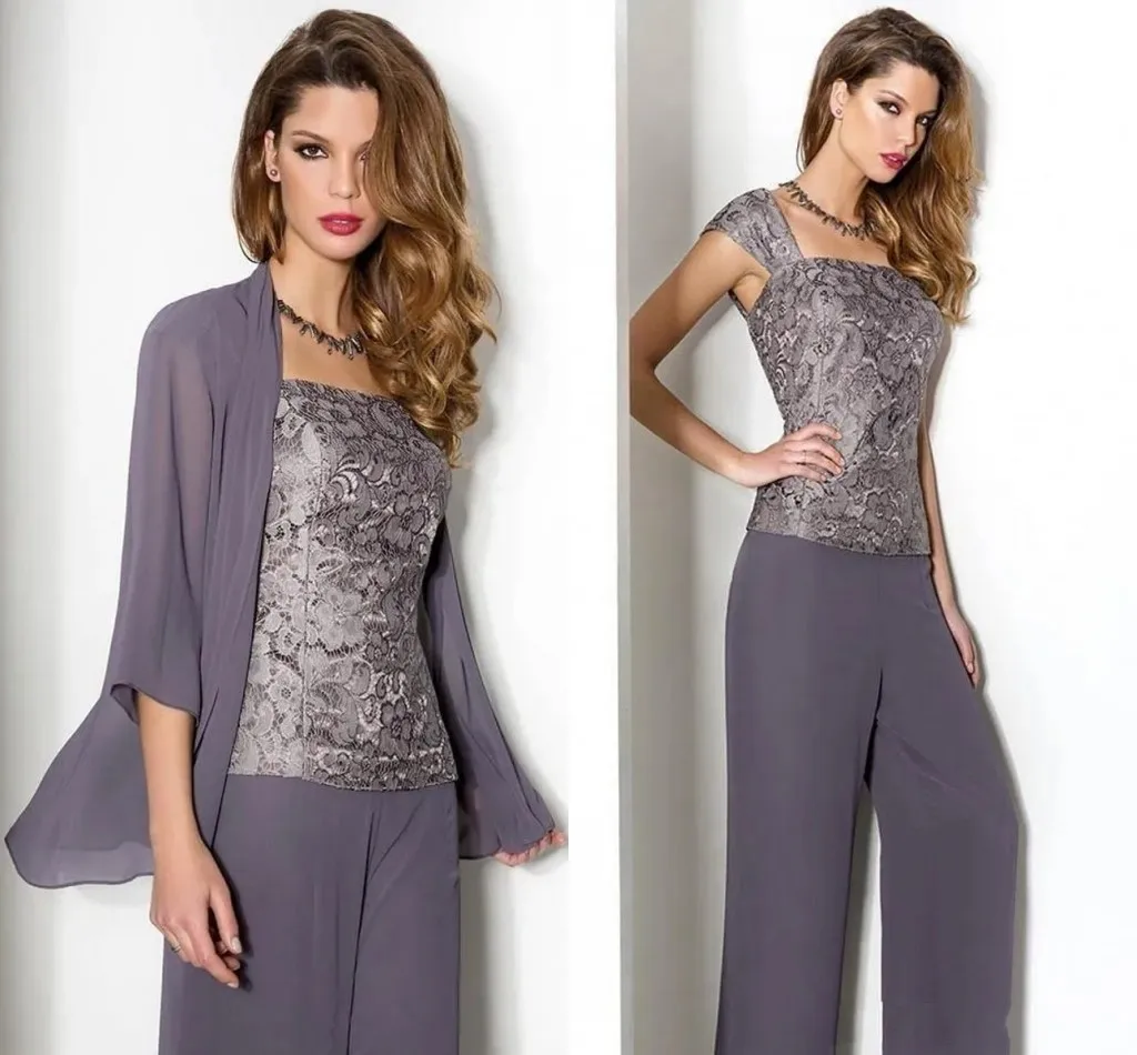 

2025 Summer Lace Chiffon Mother Of The Bride Pant Suits With Long Sleeve Jacket Spaghetti Straps Three Pieces Guest Party Gowns