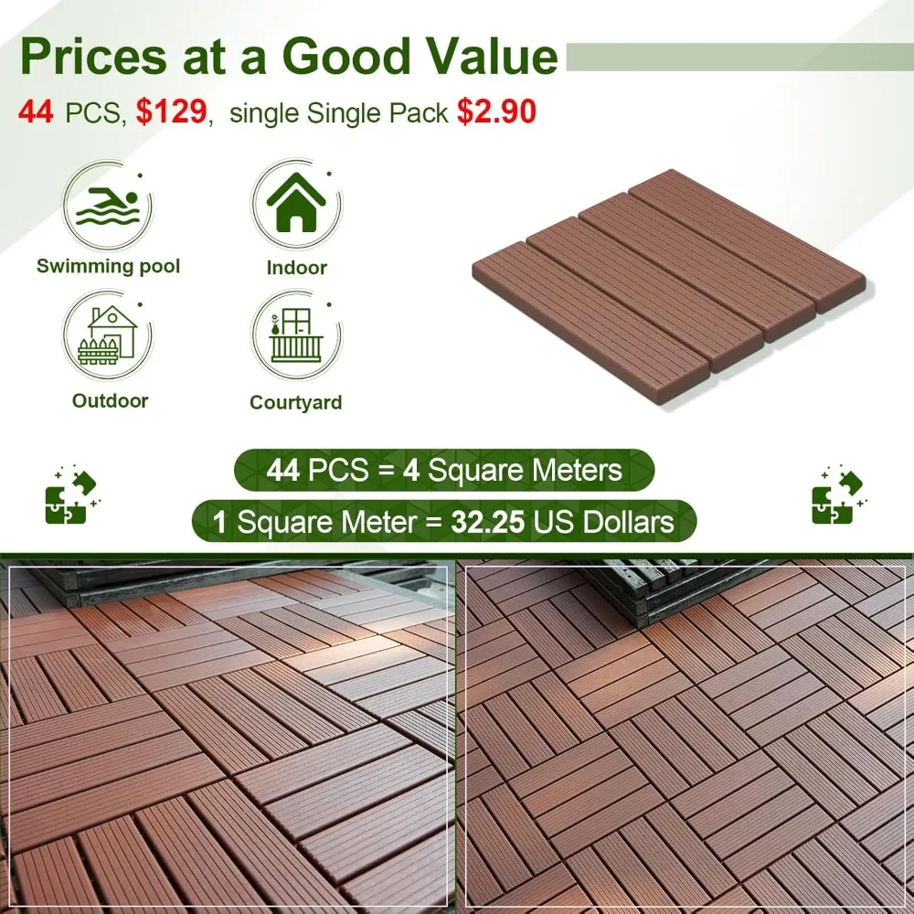 44 pieces of 12 inch x 12 inch interlocking deck tiles, waterproof outdoor flooring for all-weather use,terrace floor deck tiles