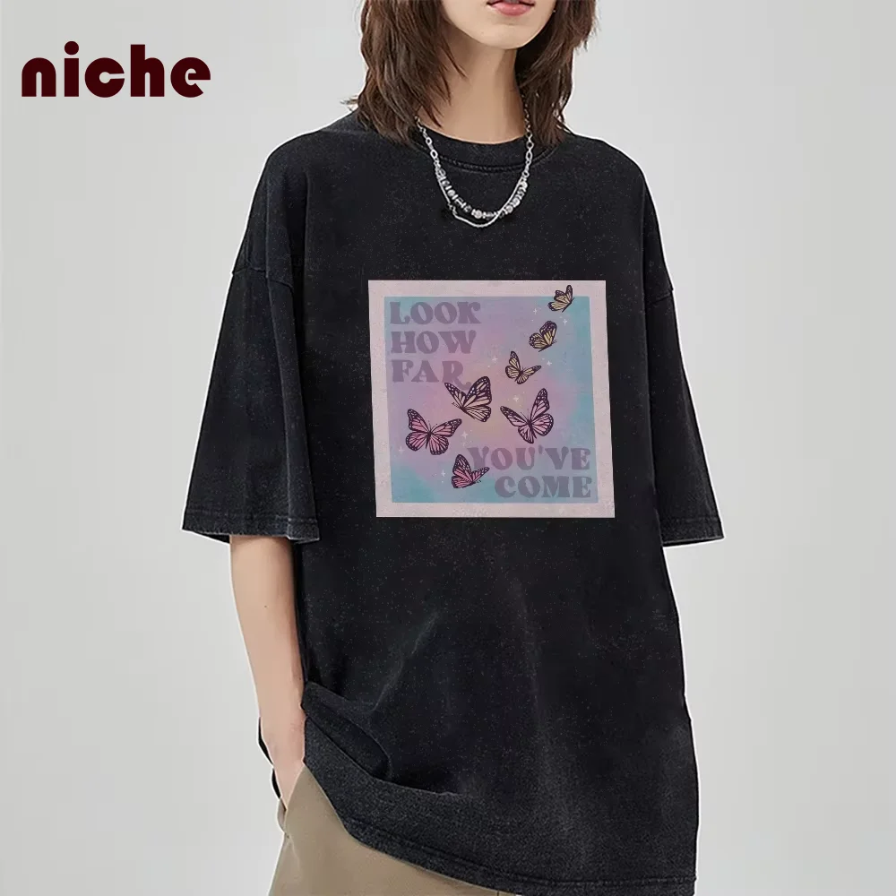 Ins Style Retro Washed T-Shirt Neutral Style Smudged Butterfly Letter Graphic Printing Loose Round Neck Pullover Short Sleeve