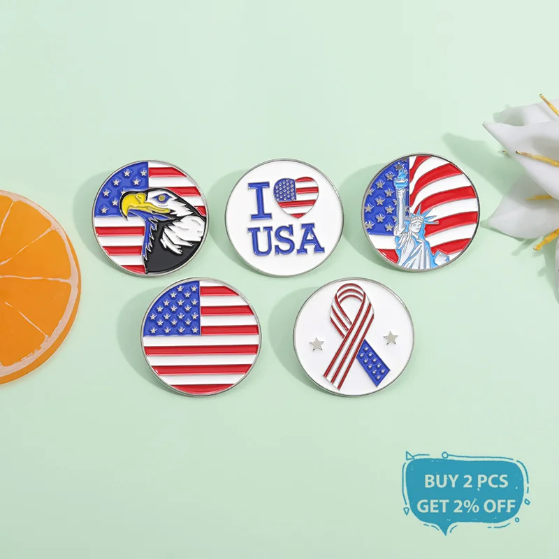 Round United States Flag Enamel Pin Statue of Liberty I Love USA Metal Brooch Lapel Backpack Badge Jewelry Gifts For Friends