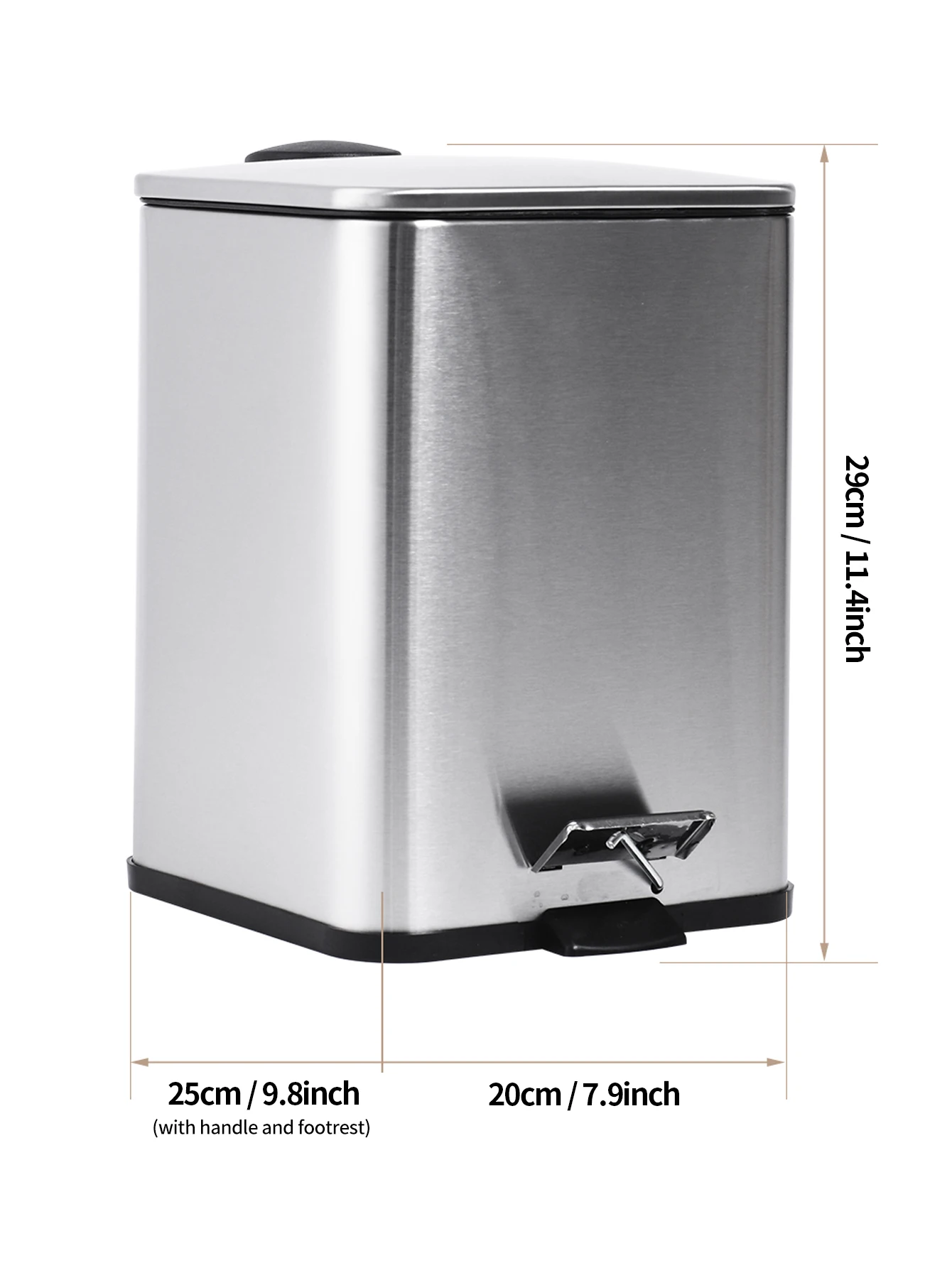 Stainless Steel Kitchen Garbage Can, Recycling or Waste Bin, Soft Close, Step-On Pedal, Removable Inner Bucket, Silver