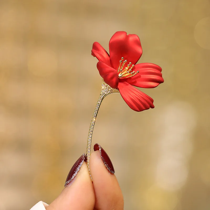 High-grade Zircon Red Hibiscus Brooch, Wedding Rose Pin, Painted Begonia Corsage