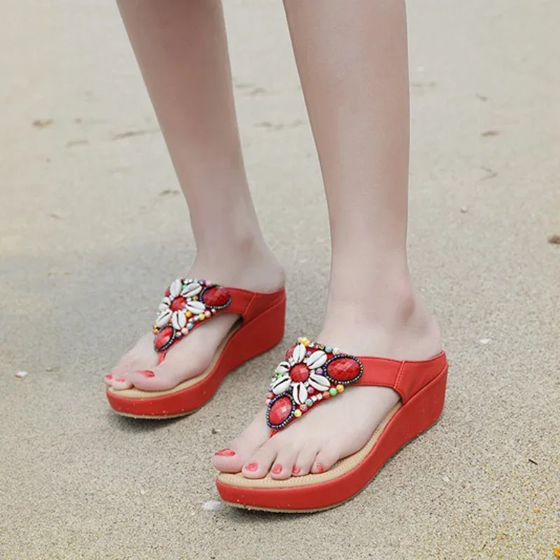 2024 Summer Women 3cm Platform 5.5cm High Heels Slippers Female Luxury Outside Flip Flops Lady Vintage Slip on Wedges Red Shoes