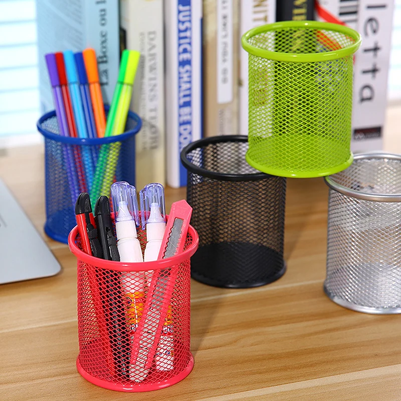 Iron Pen Holder Hollow Desktop Storage Bucket Student Stationery Multi-functional Office Black Color Round Square Pen Holder