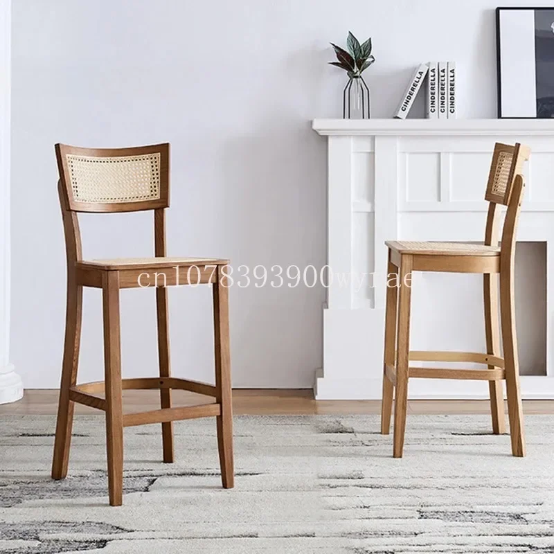 Nordic Luxury Bar Chair Kitchen Furniture Creative Rattan Back Bar Stools Solid Wood Bar Chairs Household High Stool