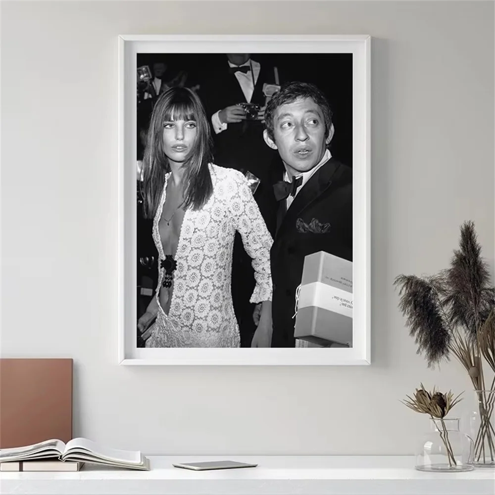 

Jane Birkin Poster Black and White Photography Serge Gainsbourg Canvas Painting Wall Art Picture for Room Decor Music Lover Gift