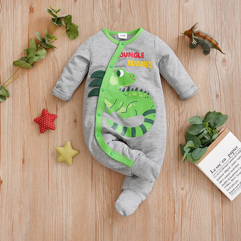 Baby Ankle Jumpsuit Cartoon 3d Chameleon Print For Comfortable And Soft Spring And Autumn Long Sleeves 0-18m Newborn Clothing