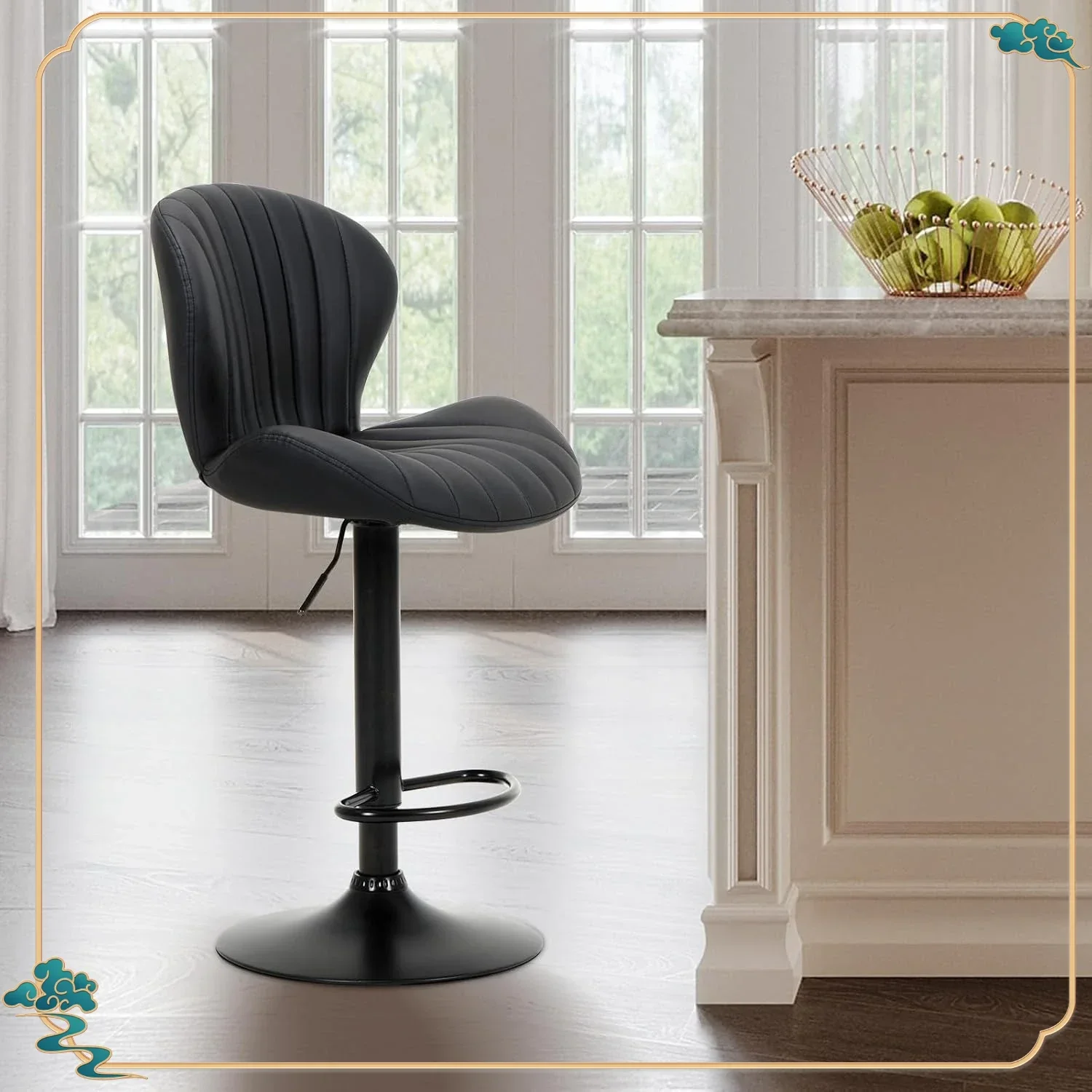 Black Swivel Bar Stool: Adjustable Height, Faux Leather Upholstered, High Back Modern Stool for Home Bar, Kitchen Counter