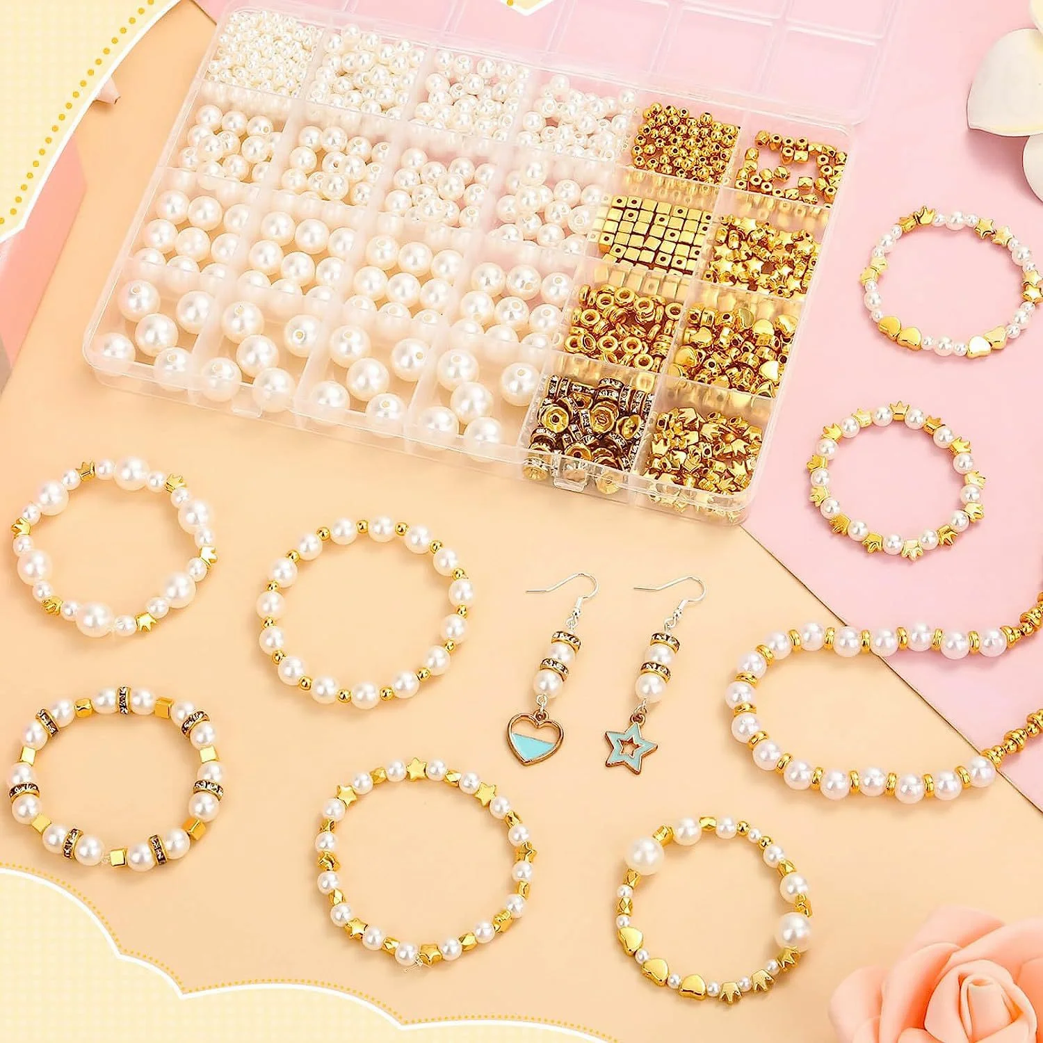 1140pcs Boxed ABS Beads Gold Color Heart Star Crown Square Round CCB Beads DIY Imitation Pearl Sets Jewelry Making Accessory