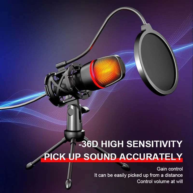 Professional Gaming USB Cardioid Condenser Microphone Kit with Tripod Stand RGB Lighting Shock Mount Pop Filter for Streaming YouTube Podcast Video Recording Studio PC Computer Laptop Mute Button Voice Changer Plug and Play High Quality