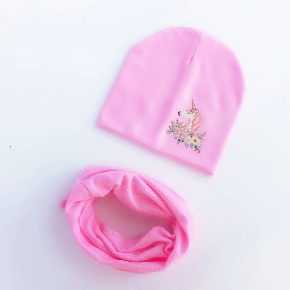 Infant Hat children\'s Autumn unicorn print Baby Hat Girl Boy Cap Kids cotton Beanie bonnet Children Collar Scarf set baby cap