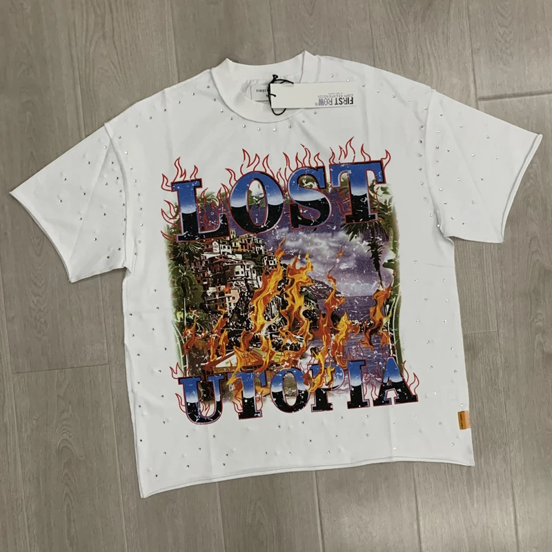 Trend New FIRST ROW T-shirt High Street Flame Letter Print Loose Short Sleeve American Fashion Casual Hot Drill Top Tee