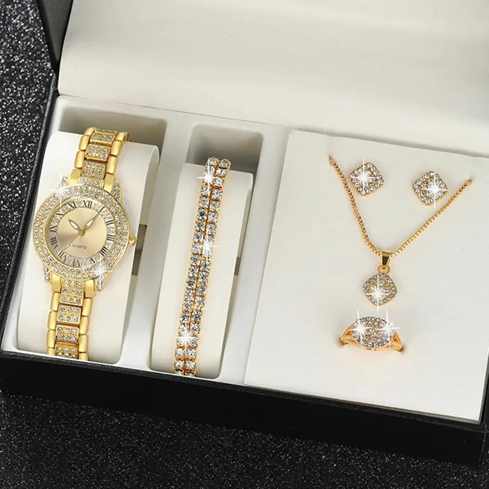 7pcs Women's Watch Fashion Casual Round Pointer Quartz Watch and Necklace Bracelet Ring Earring Set