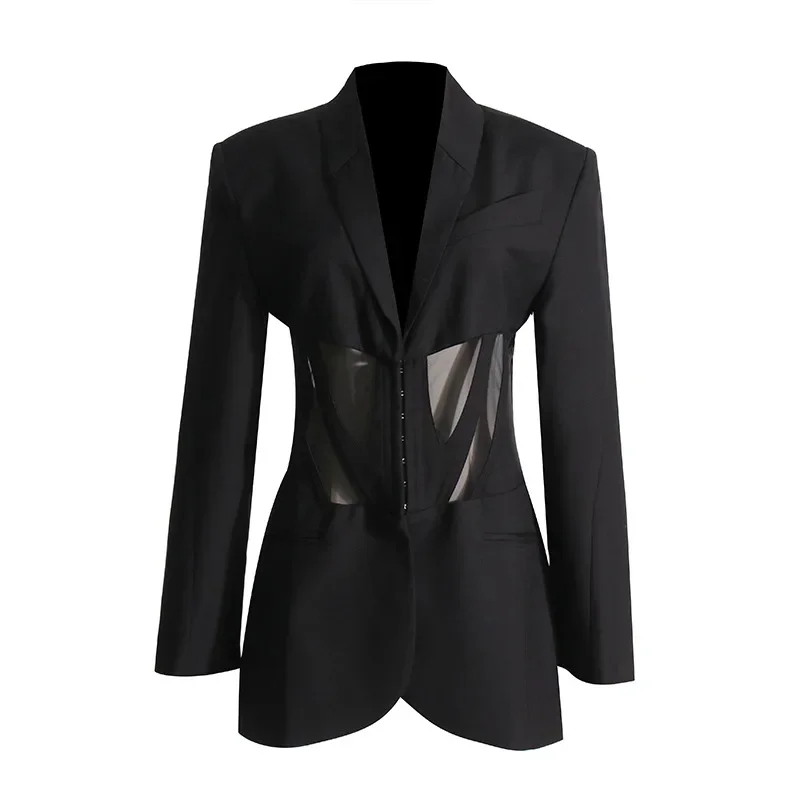 Petit costume de luxe pour femmes, nouvelle mode automne 2021, col en v, Sexy, maille transparente, Blazer chaud pour femmes