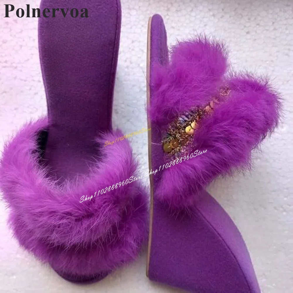 

Stylish Purple Flock Furry Sequins Decor Slippers Wedges Heel Women Shoes Slip On Open Toe 2024 Fashionable Zapatos Para Mujere