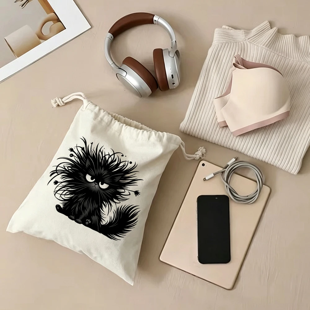 Personalized Black Cat Drawstring Bags Custom Logos Cute Kittens Spooky Cartoon Storage Gifts Pouches for Women Girls Cat Lovers