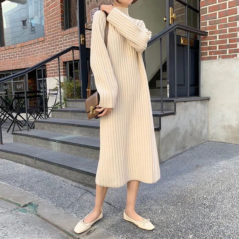 New Autumn Winter Halt Turtleneck Thick Sweater Dress Women Long Sleeve Bottom Knitted Dresses Ladies Casual Loose Long Vestidos