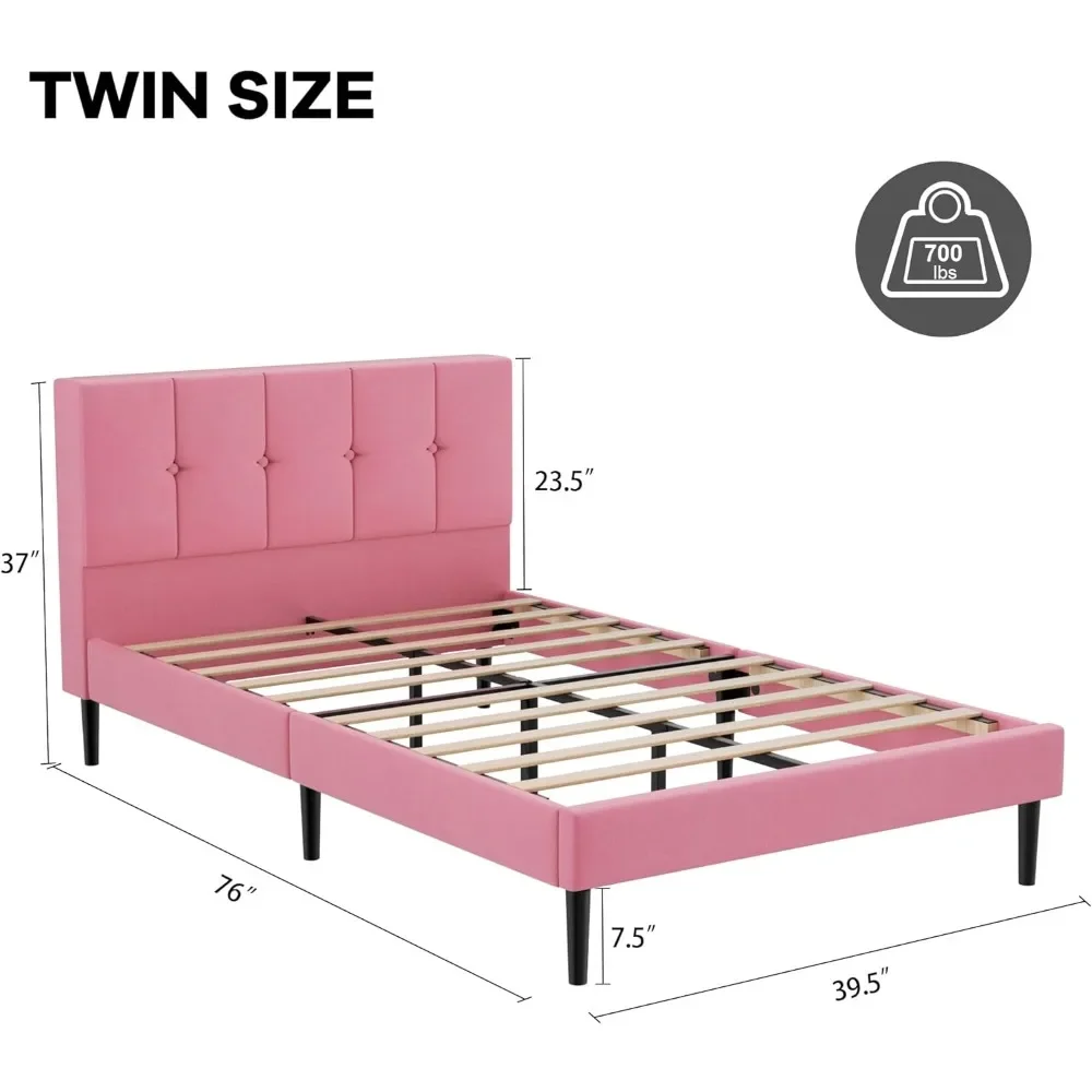 Veludo estofados Plataforma Cama Frame, Fundação colchão com suporte de madeira Slat, Twin Bed Frame, Noise Free