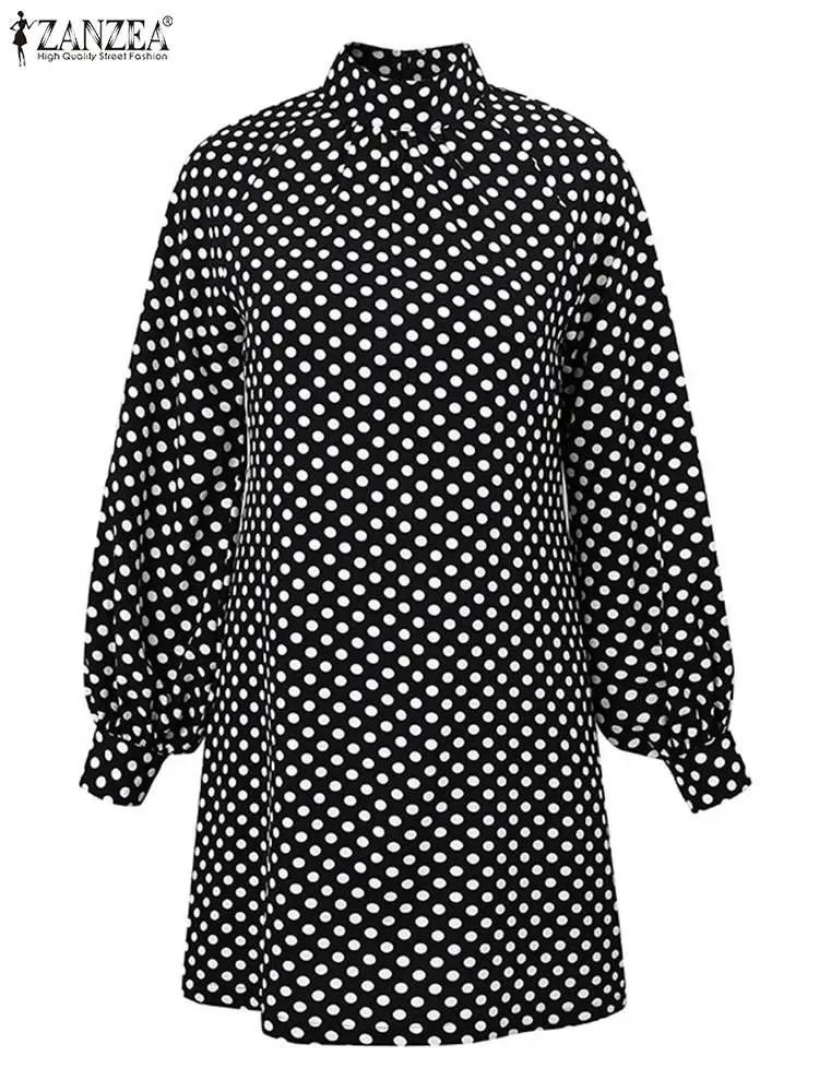 ZANZEA 보헤미안 프린트 베스티도스 2024 여성용 터틀넥 드레스, 캐주얼 지퍼 미니 선드레스, 패션 랜턴 긴팔 로브