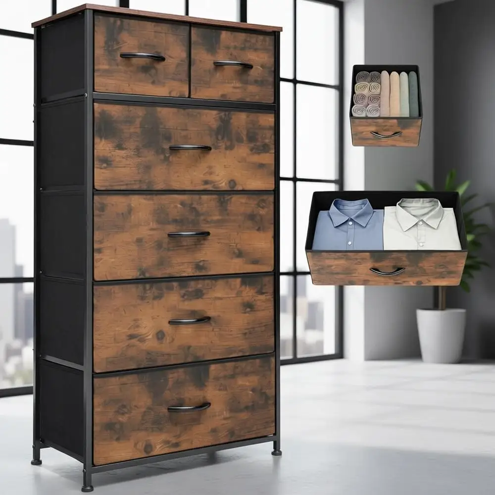 

Bedroom Storage Solutions: 6-Drawer Tall Skinny Dresser with Wooden and Steel Top, Rustic Brown for Living Room and Hallway