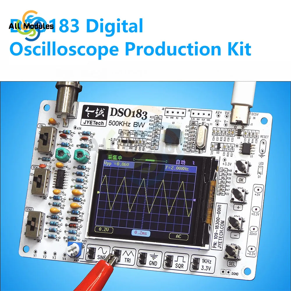 

DC 5V DSO183 Digital Oscilloscope DIY Loose Parts Teaching Practical Training Electronic Production Kit 0-500KHz TypeC Interface