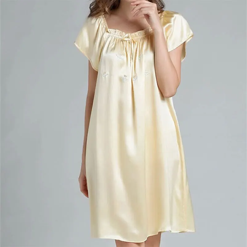 Women\'s 100% Pure Silk Round Neck Embroidery  Sleep Dress Sleepwear Nightdress Nightgown YM012