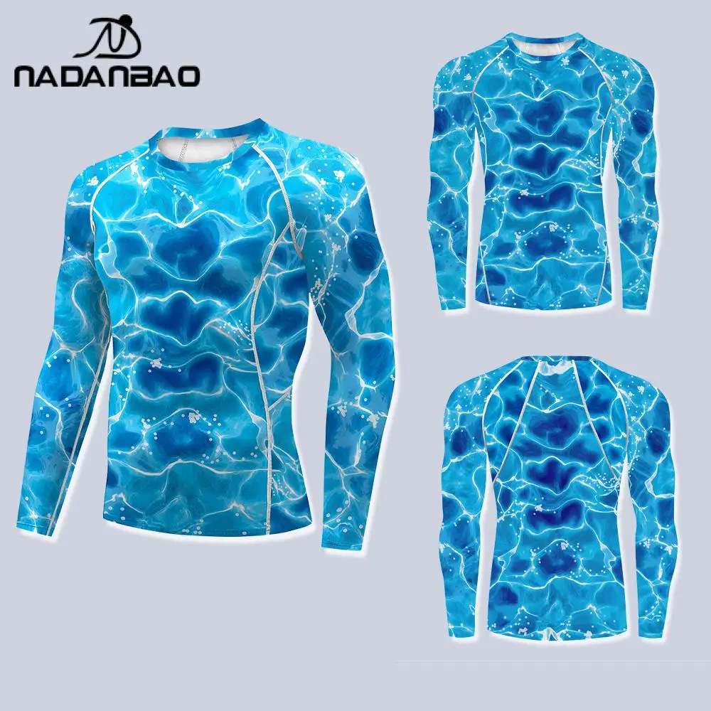 Nadanbao Men\'s Swimwear Gym Top Blue Water Printing Swimsuits Party Long Sleeve Beachwear Summer Fitness T-Shirt Surfing Clothes