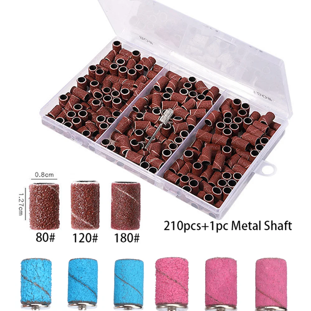 50/100/210pcs Sanding Cap Bands Mounted Cylindrical Grinding Heads Abrasive Sleeves 80# 120# 180# For Nail Drill Manicure Tools