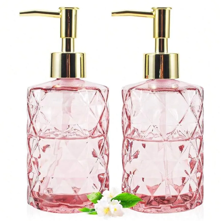 

Pink Diamond-Cut Glass Soap Dispenser Set, 12oz *2 With Gold Pump Refillable Lotion And Hand Soap Bottles For Bathroom, Kitchen